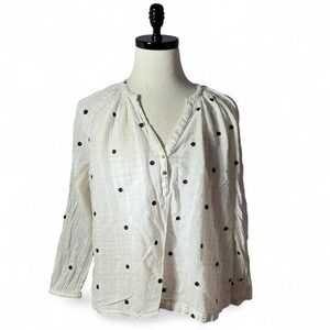 Farmers Market Women XL Ivory Embroidered Checkered Button Up Long Sleeve Blouse